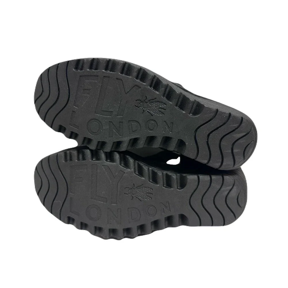 NEW FLY London Womens Size 6.5-7 37 Yuba Black Leather Crossover Wedge Sandals